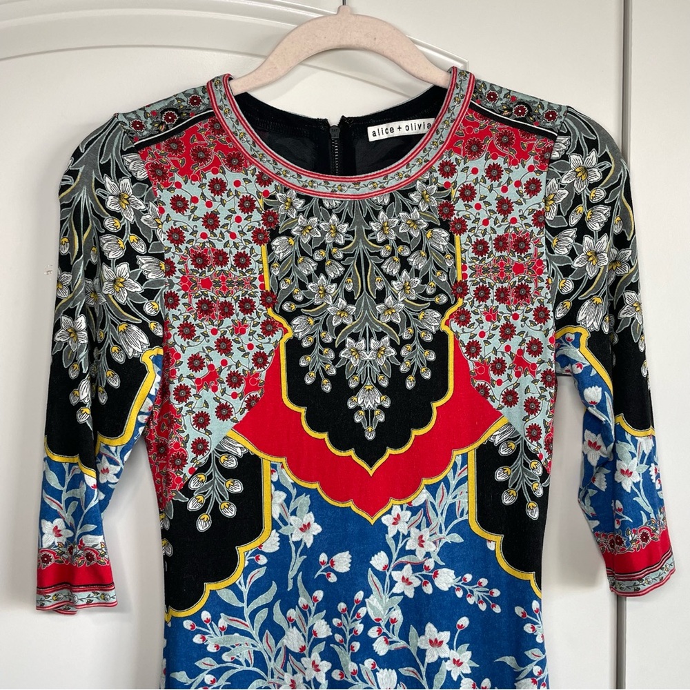 Blue Floral Sheath Dress with Red & Black Accents - Picture 5 of 9